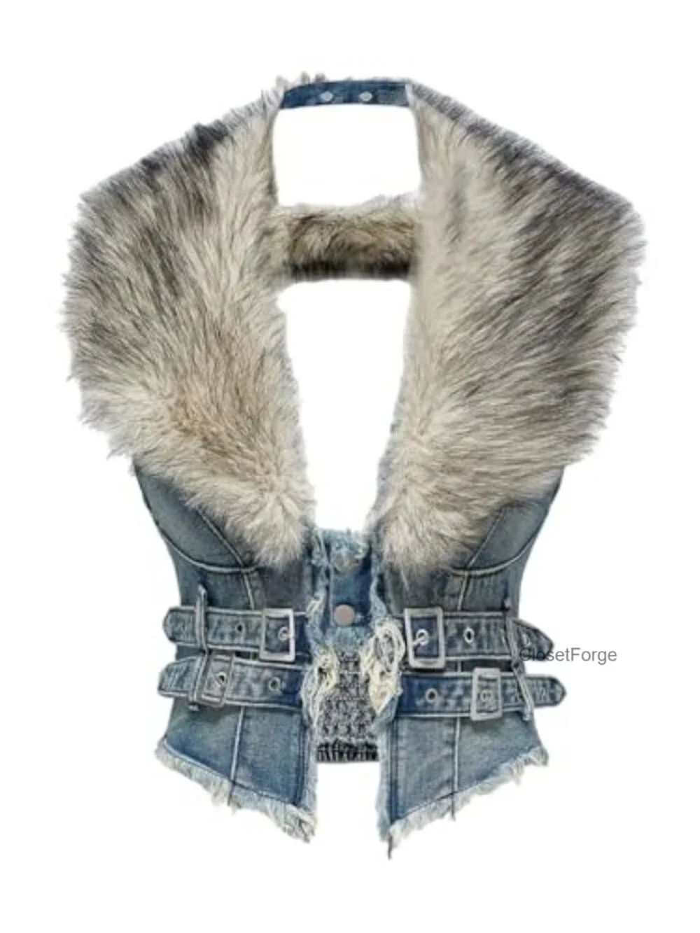 Faux Fur Denim Vest Smocked Open Back Sleeveless Raw Trim Cropped Vest
